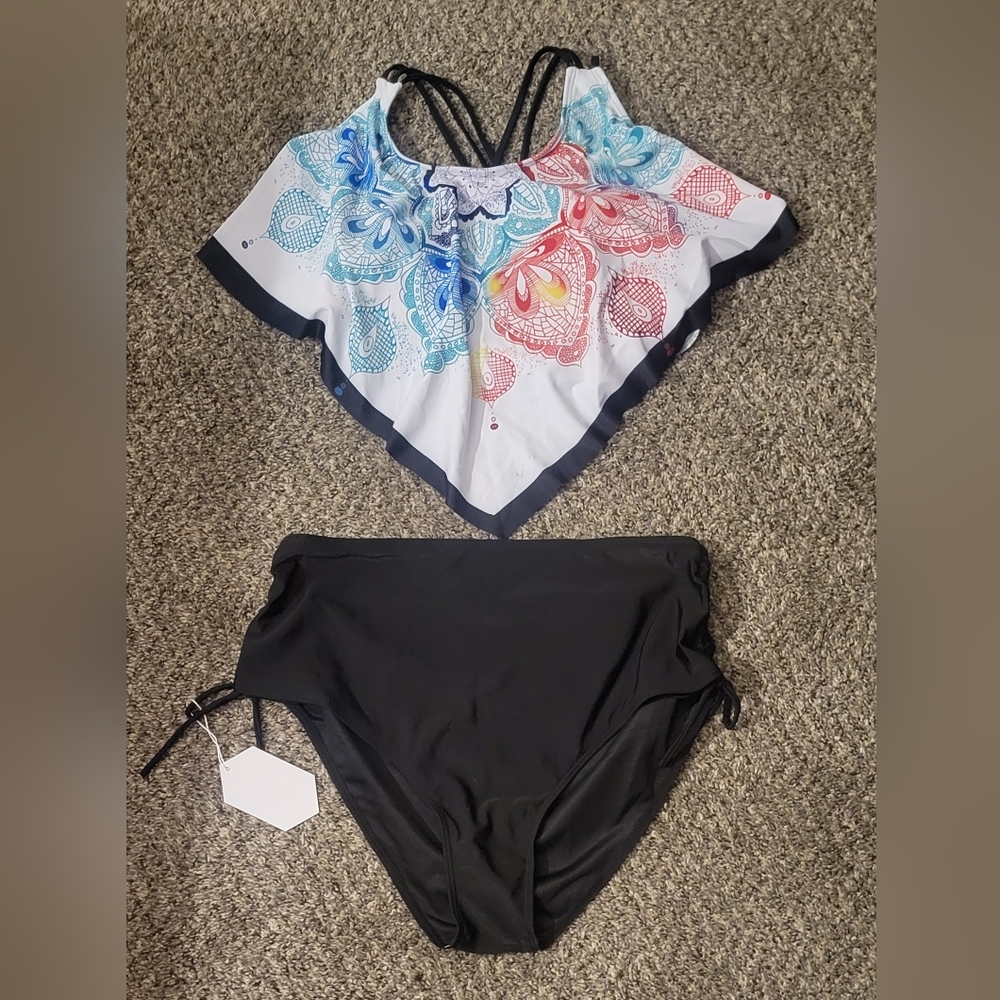 ☆•Womens Jmsun 2 Piece Lotus Leaf Printing Top with Solid Black Bottoms•☆